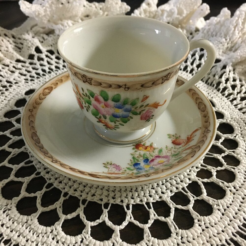 Vintage Miniature Made In Japan Floral Gold Teacup Saucer Set Tiny Porcelain